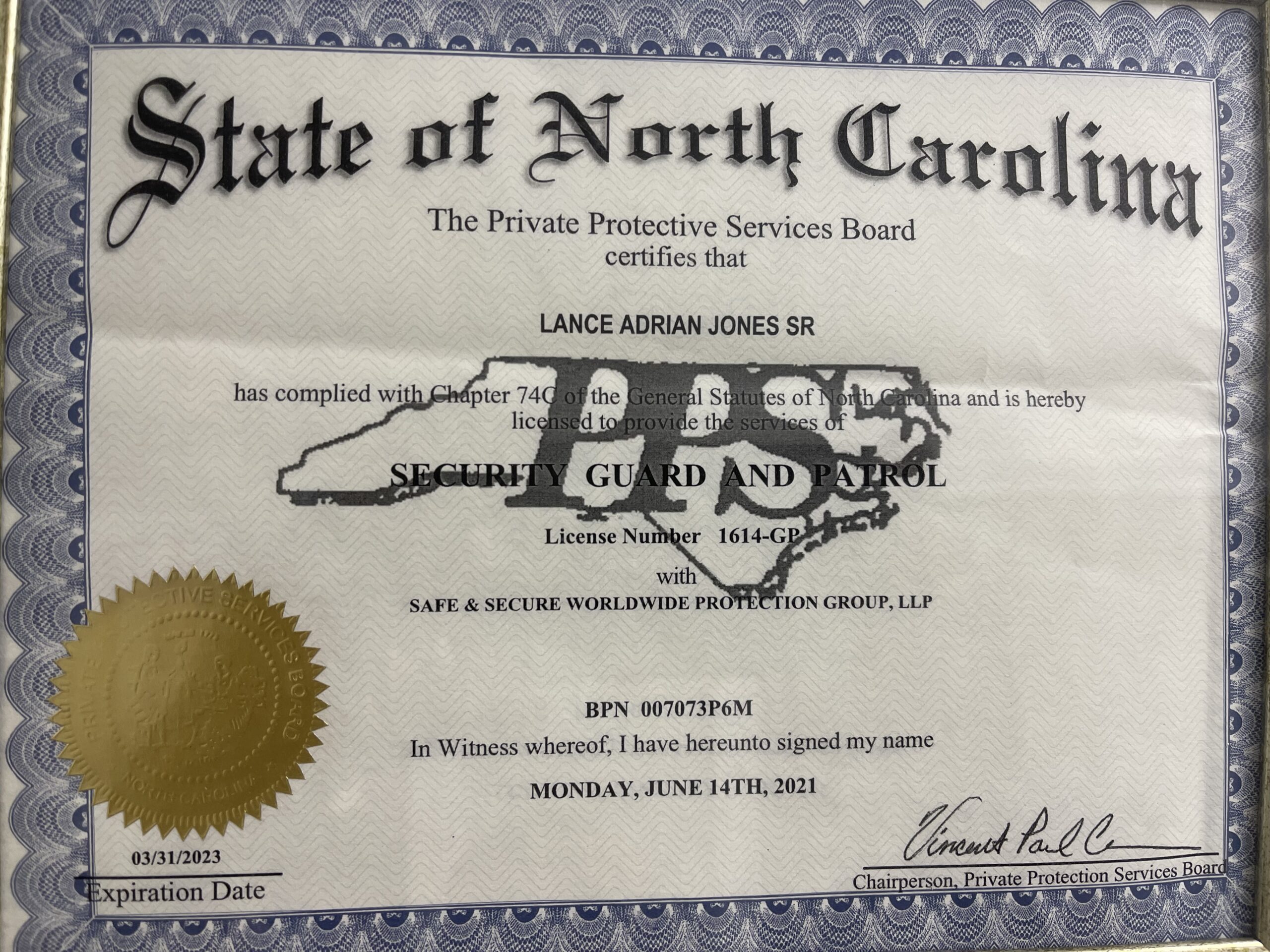 North Carolina security license certificate document.
