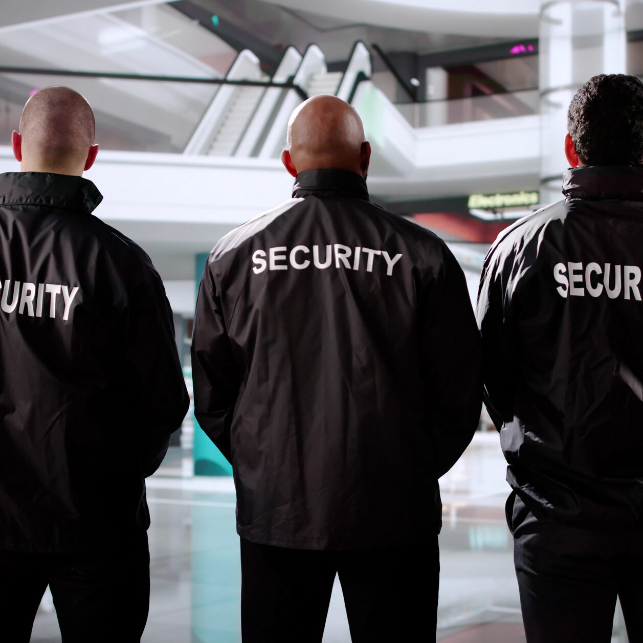 Back view of three security personnel
