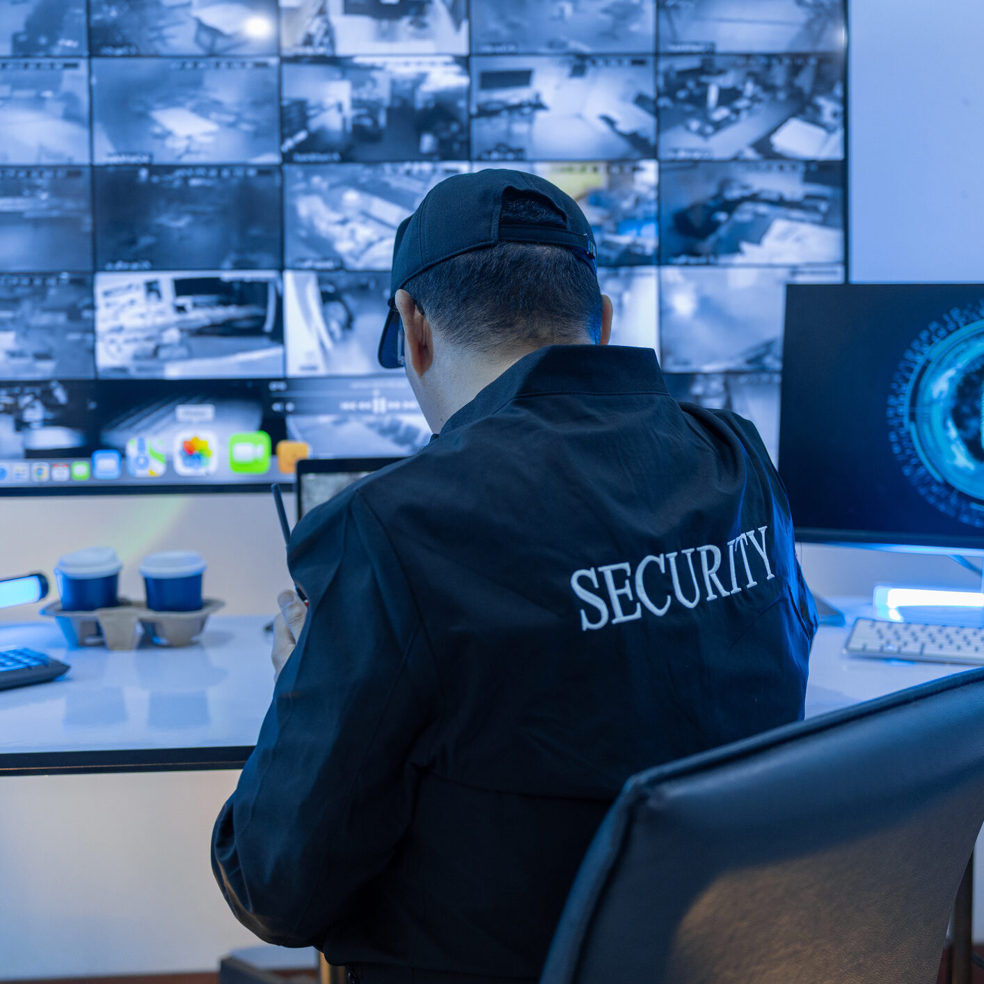 Surveillance room with multiple monitors